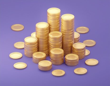 A large pile of gold coins sits on a purple background, 3D illustration