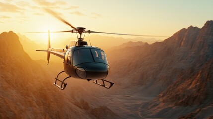 Helicopter flying through a canyon at high speed, rugged cliffs on either side