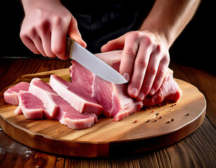 cutting meat on a chopping board