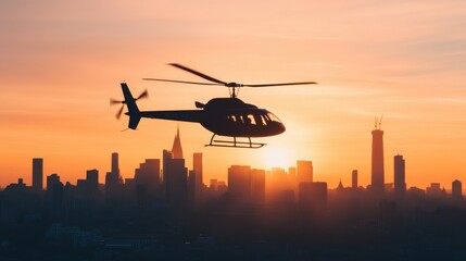 Fototapeta premium Helicopter flying over a city skyline at dawn, early morning light reflecting on the buildings
