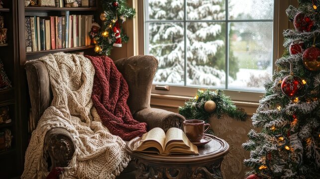 Cozy library corner with holiday decorations, a cup of tea on a small table, and an open book, creating a peaceful winter escape
