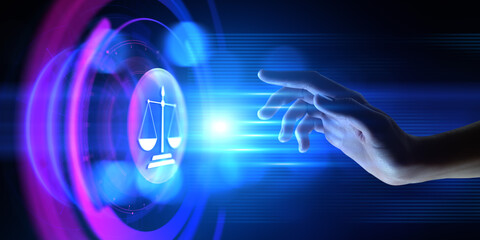 Labor law cyber compliance advocacy business concept. Hand Pressing virtual button.