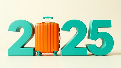 large bold teal number 2025 with orange suitcase instead of number 0 against light background. advertising travel discounts or sales, new year 2025, luggage company or travel agency, tourism concept.