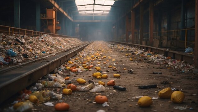 A neglected warehouse displays an untidy railway track strewn with garbage, discarded items, and fruit remnants. The atmosphere is gloomy, hinting at neglect and environmental consequences