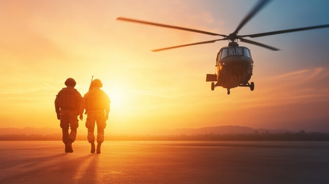 Helicopter taking off from a military base, soldiers boarding under clear skies