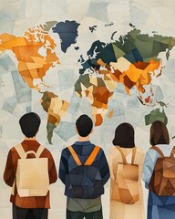 A stylized illustration of three people with backpacks gazing at a colorful world map, symbolizing exploration and global awareness.