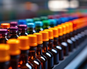 Obraz premium Colorful bottles lined up, featuring a variety of caps, showcasing creativity and beverage options.