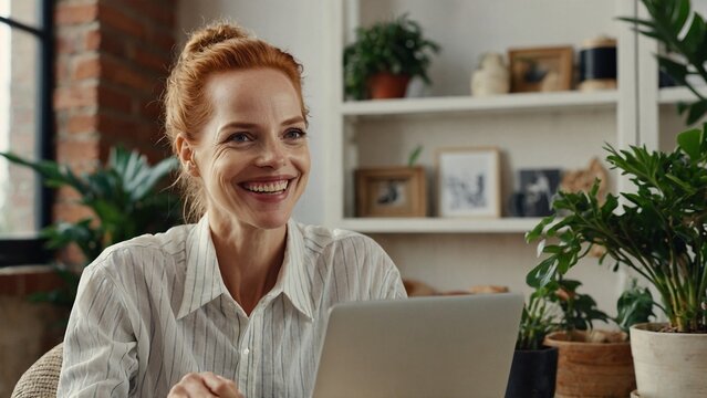 Smiling red-haired European woman working on laptop in home office