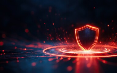 Digital shield glowing in red light, symbolizing cyber security on dark background.
