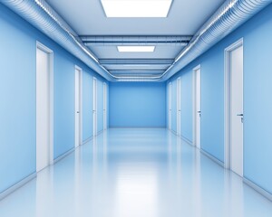 Obraz premium Elevator corridor with blue walls, modern design, and bright skylights.