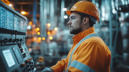 A worker in an industrial setting monitors a control panel.