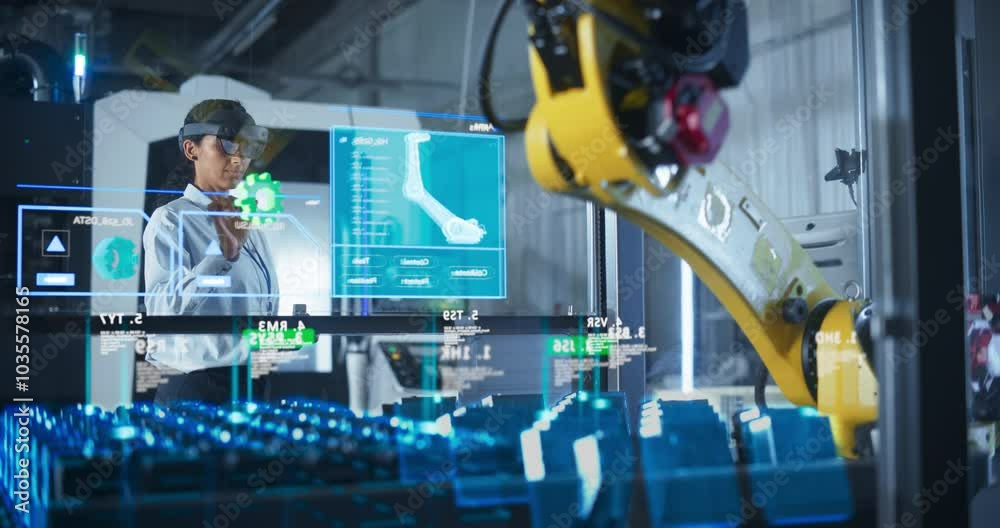 Fototapete Engineer Wearing Augmented Reality Headset Operates Robotic Arm in a Factory, Interacting With Virtual Controls on a Transparent Interface. Advanced Machinery and Digital Displays.