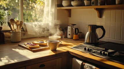 Cozy Kitchen Breakfast with Steaming Coffee.