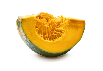 Side view of fresh green japanese pumpkin slice or piece isolated on white background with clipping path