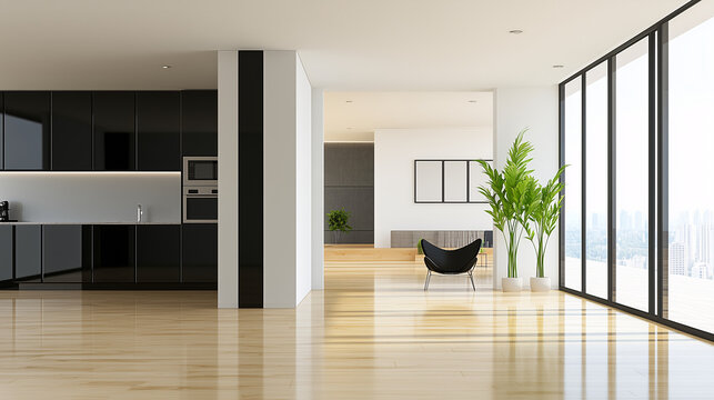 Modern, open-plan kitchen with black cabinets, minimal accessories, and a touch of greenery