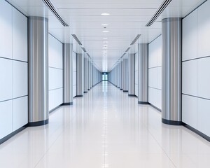 Fototapeta premium Modern hallway with sleek design, bright lighting, and polished floor, perfect for corporate or contemporary themes.