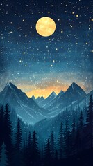 Fototapeta premium Atmospheric Starry Night Sky Over Majestic Mountain Landscape With Silhouetted Pine Forest