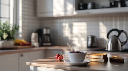 Warm Morning Drink and Toast in a Modern Kitchen.