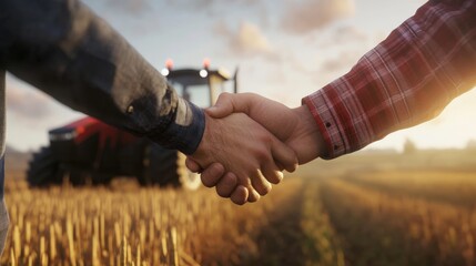 Two individuals shake hands in a golden field, with a tractor in the background, symbolizing partnership and agricultural collaboration.