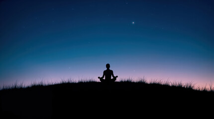 Silhouette of person meditating on hilltop at twilight. Serene figure practices yoga against starry blue sky and pink horizon, embodying peace and mindfulness in nature.