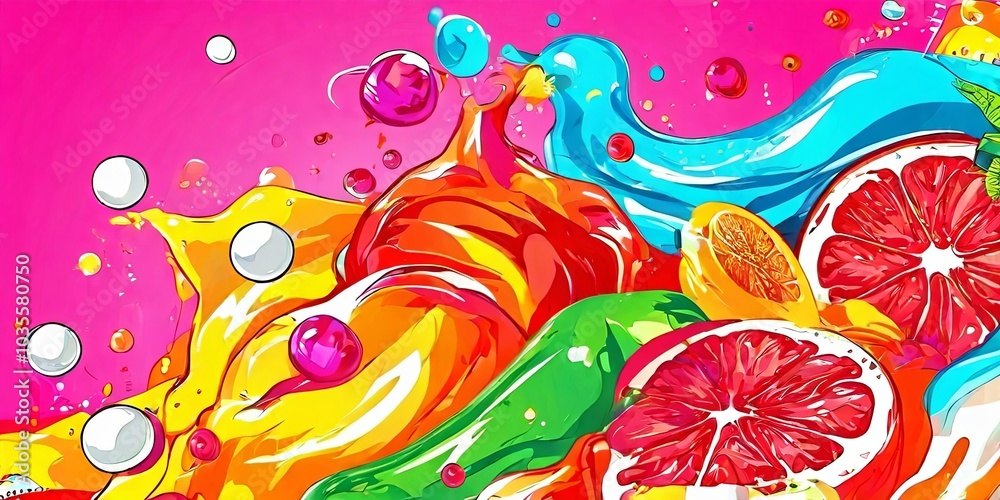Poster a colorful image of fruit with a splash of pink background