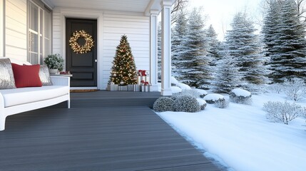 A beautifully decorated porch filled with festive red pillows, snowy trees, and a warm glow as the sun sets over an elegant home