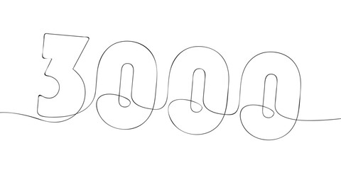 A single line drawing of a three thousand symbol. Continuous line three thousandth number icon. One line icon. Vector illustration.