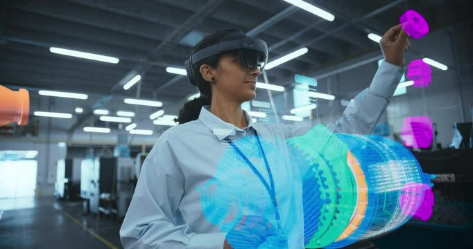 Female Engineer Wearing Augmented Reality Headset Works on a 3d Green Energy Engine Turbine Model in a High-tech Factory, Utilizing Interactive Software Interfaces and Advanced Digital Machinery.