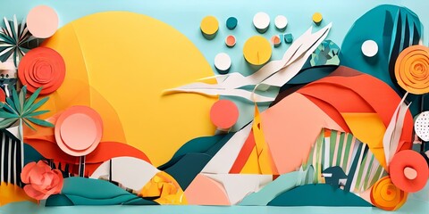 A colorful paper collage of a landscape with a yellow sun in the center