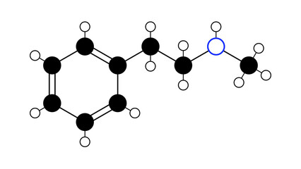 n-methylphenethylamine molecule, structural chemical formula, ball-and-stick model, isolated image neuromodulator