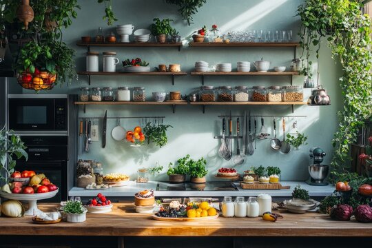 A vibrant kitchen filled with fresh fruits and herbs. Shelves display jars and cooking tools. The warm light creates a cozy atmosphere. Perfect for culinary inspiration. Generative AI