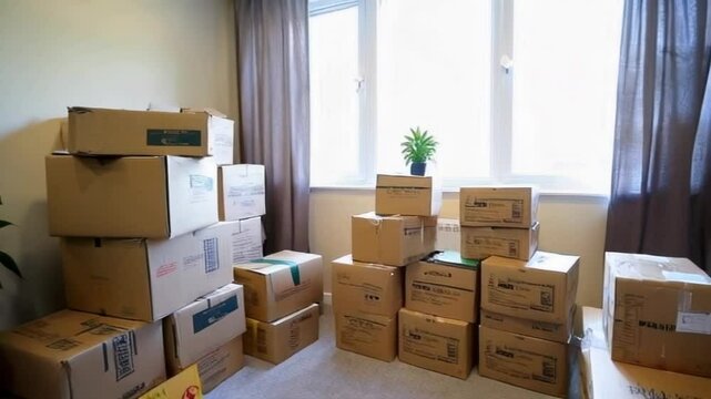 A room filled with stacked boxes and a green plant, suggesting preparation for a move and an organized, light-filled space.