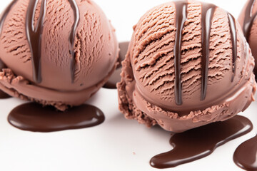 White with ice cream and chocolate. sweet dessert food concept. white with ball of ice cream and drizzled chocolate. a white and brown cake with a sprinkle of icing and a sprinkle of chocolate a on.