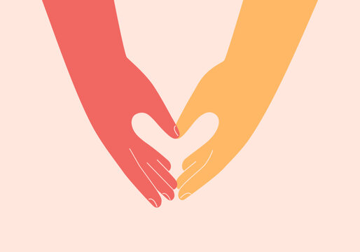 Male and female hands connect and make heart shape by fingers. Adult Different skin arms showing heart gesture. Interracial love and friendship. Vector illustration