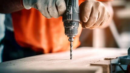 A person using a power drill to work on a piece of wood in a workshop, showcasing craftsmanship and precision in construction.