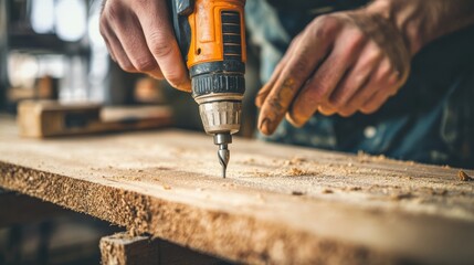 A person using a power drill on a wooden surface, focusing on craftsmanship and woodworking skills in an engaging workshop environment.