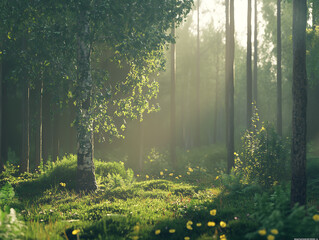 Lanscape Beautifull forest at dawn, with the sunlight filtering through the tall trees and creating a beautiful and serene atmosphere.