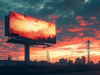 Dramatic Sunset Cityscape with Glowing Billboard