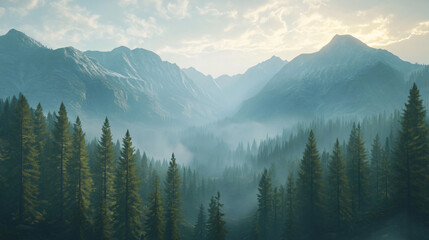 A breathtaking view of a mountain range dotted with pine trees, capturing the essence of wilderness.