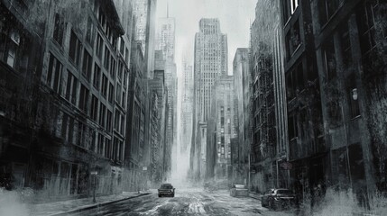 Misty Noir Cityscape, a cold, atmospheric street scene featuring towering buildings, evoking a gritty, gangster vibe with charcoal illustration style.