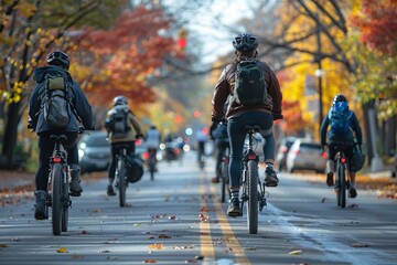 A group of cyclists navigates a tree-lined city street adorned with colorful autumn foliage. The sun casts a warm glow on the riders as they enjoy their leisurely ride in the pleasant weather