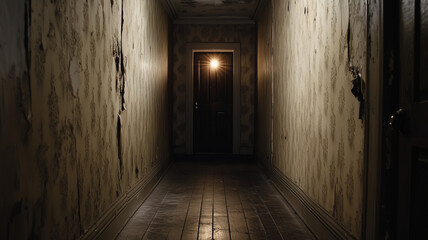 long dark hallway in old mansion with peeling wallpaper and glowing door