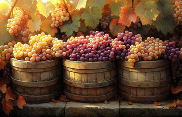 Barrels of harvested grapes in a vineyard ready to be processed into wine. Illustration.