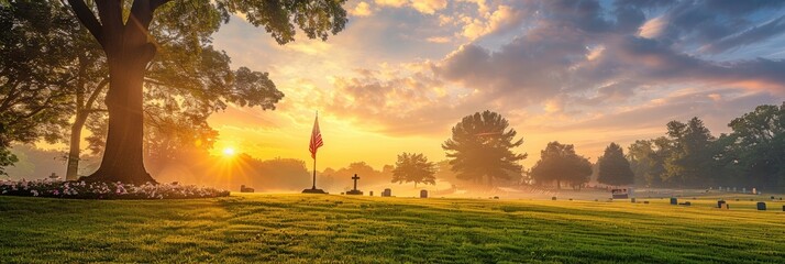 Scenic sunrise over a golf course with trees and fog.