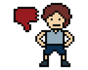 Pixel cartoon 8bit character man sad tired mood stress sick unhappy feel decoration 8 bit male boy bored feel sad with isolated PNG vector.