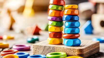 Stacking Rings: A wooden base with colorful rings stacked from largest to smallest. Fine motor skills in action! 