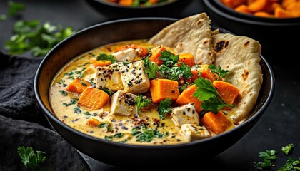 A bowl of vegan Thai yellow curry with sweet potatoes
