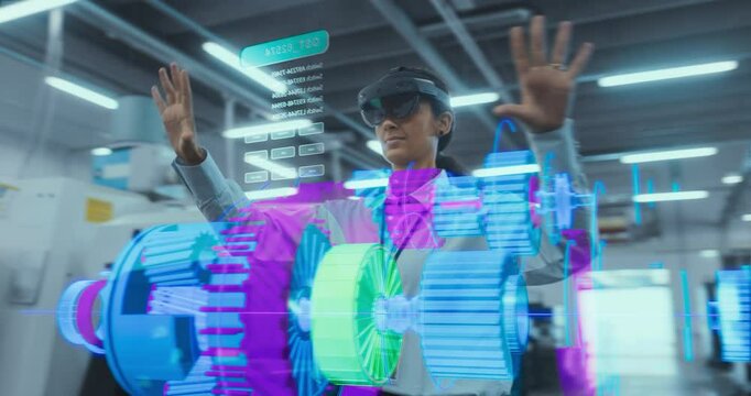 Female Engineer Uses VR Headset to Design 3d Engine Components in a High-tech Industrial Setting, Showcasing Advanced Virtual Reality and Engineering Technology.