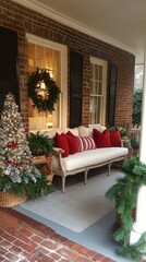 A beautifully decorated porch filled with festive red pillows, snowy trees, and a warm glow as the sun sets over an elegant home.