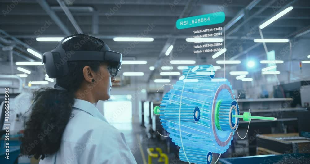 Aufkleber Female Engineer in VR Headset Designs a 3d Engine Model in a High-tech Factory, Interacting With Virtual Components and Digital Interfaces. Holographic Displays Futuristic Enginnering Concept